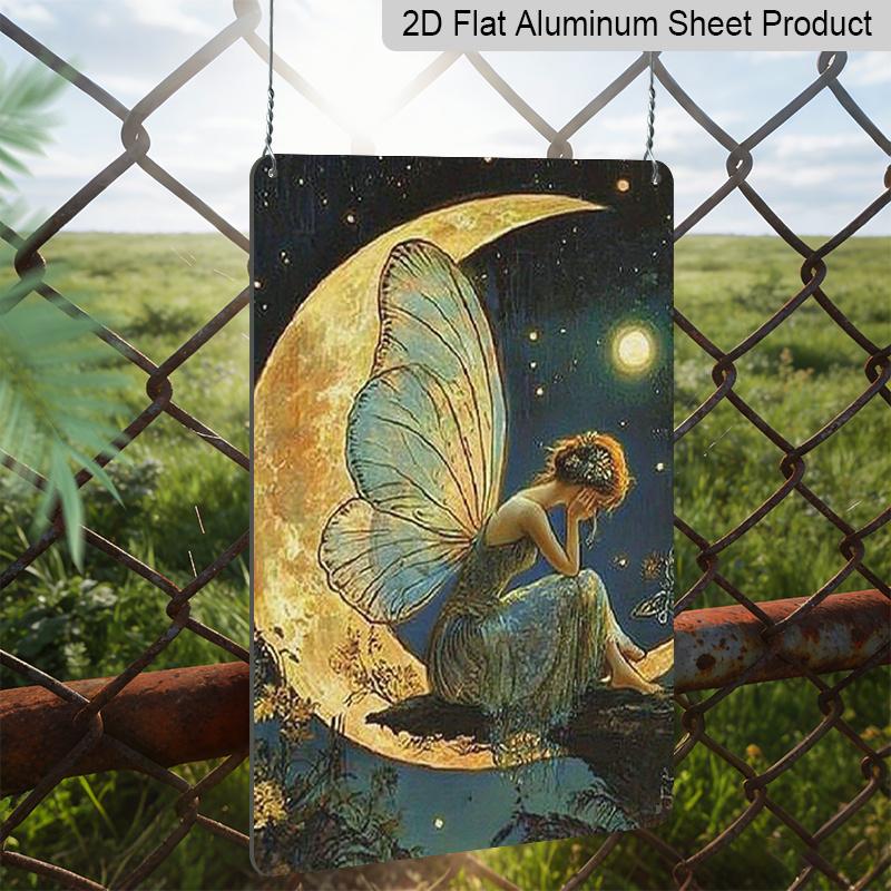 2D Flat 1pc Vintage Fantasy Fairy Moon Aluminum Sign-7.87*11.8 Inch Enchanting Wall Art with Crescent Moon & Stars, Durable Indoor/Outdoor Decor for