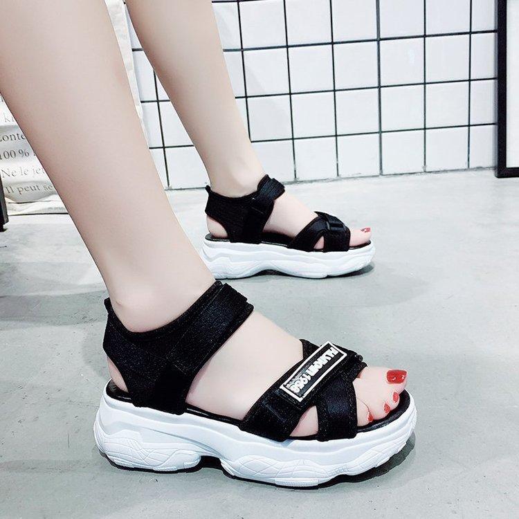 Foreign trade sandals women's rubber muffin heel fabric breathable fashion 2025 summer Velcro sports sandals