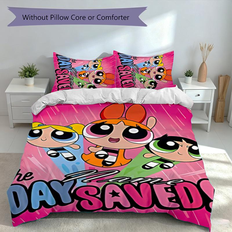 3pcs Custom Name The Powerpuff Girls Bedding Set,Includes 1 Duvet Cover and 2 Pillowcases,All-season Bedroom Decor