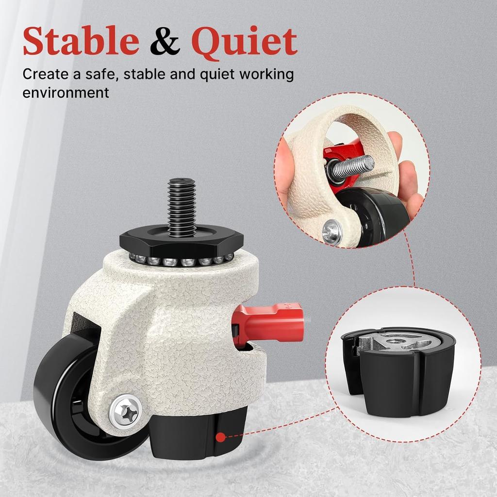 W B D WEIBIDA Leveling Stem Caster Wheels with Upgraded Ratchet Arm, Thread Stem Casters M12-1.75x25mm, Heavy Duty Retractable Casters Set of 4,