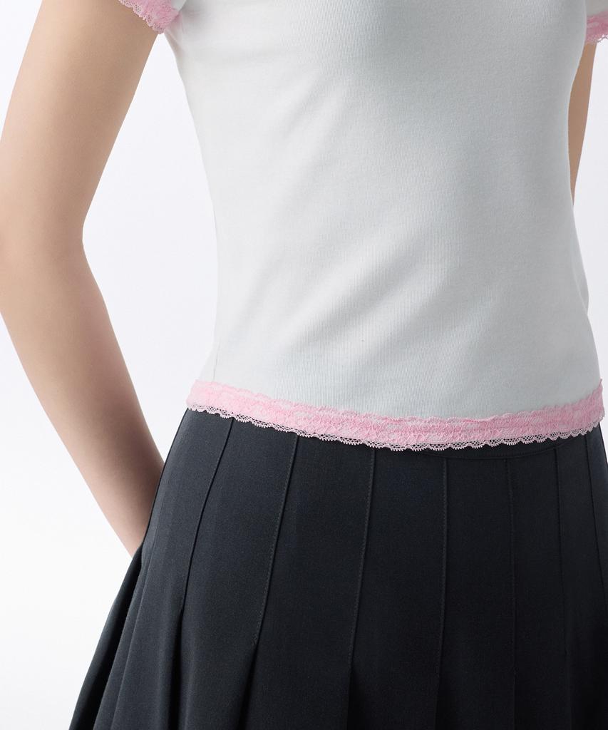 MUSINSA STANDARD WOMAN Women'S Slim Lace Trim T-Shirt [White/Pink]