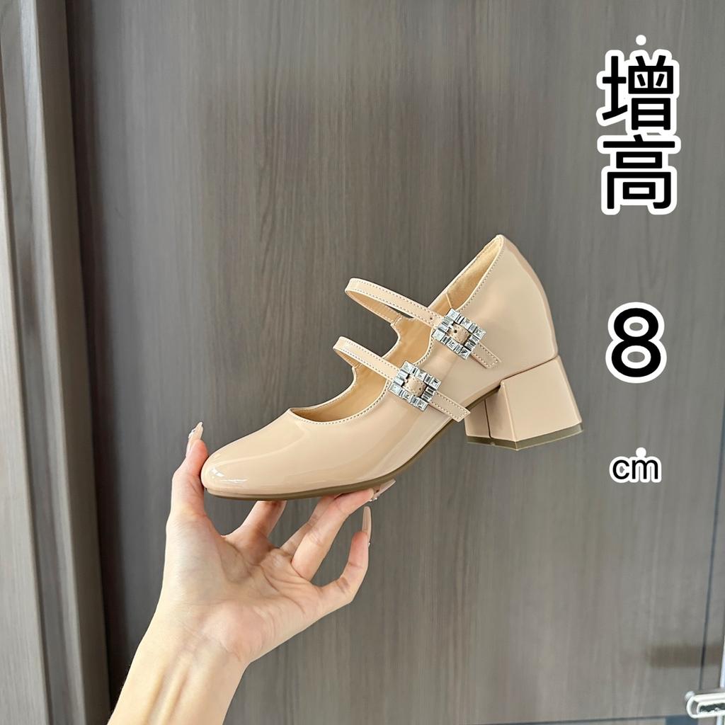French light mouth thick heel plus inner increase of 8 cm double strap rhinestone buckle round head Mary Jane gentle temperament high heels