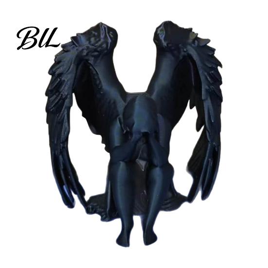 Dark Aesthetic Home Decor Covering Face Angel Figurine Matte Black 3D Printed Sculpture Sitting Burr-free Melancholic with Detailed Wings for Office чёрный