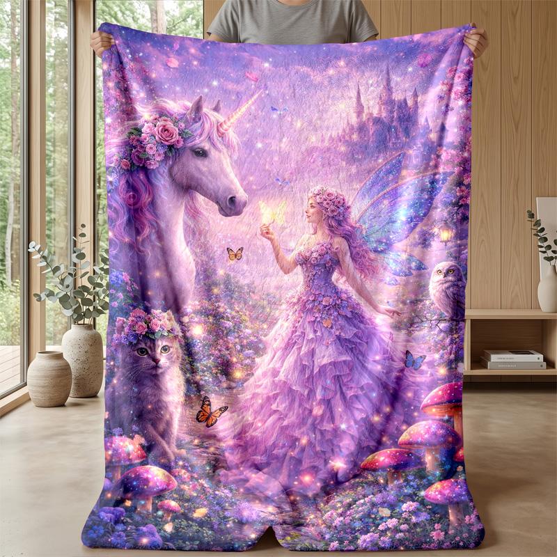 Fairy and Unicorn in Fantasy Forest Theme blanket Lightweight Warm Flannel Blanket Decorative Throw Blanket for Home Decoration