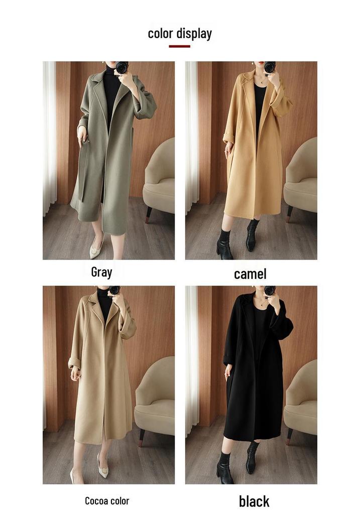Women's Mid-Length Wool Coat with Side Slits, Lapel Collar, Belt, and Loose Plus Size Fit