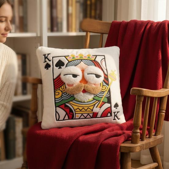 Poker Cards Throw Pillow, King Queen Jack of Spades Plush Pillow, Funny Decorative Cushion with 3D Embroidery for Sofa Couch Living Room Bedroom
