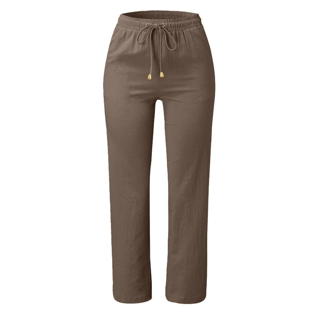 Women's Casual Color Cotton And Linen Wide Leg Pants With Elastic Waist Long Pants