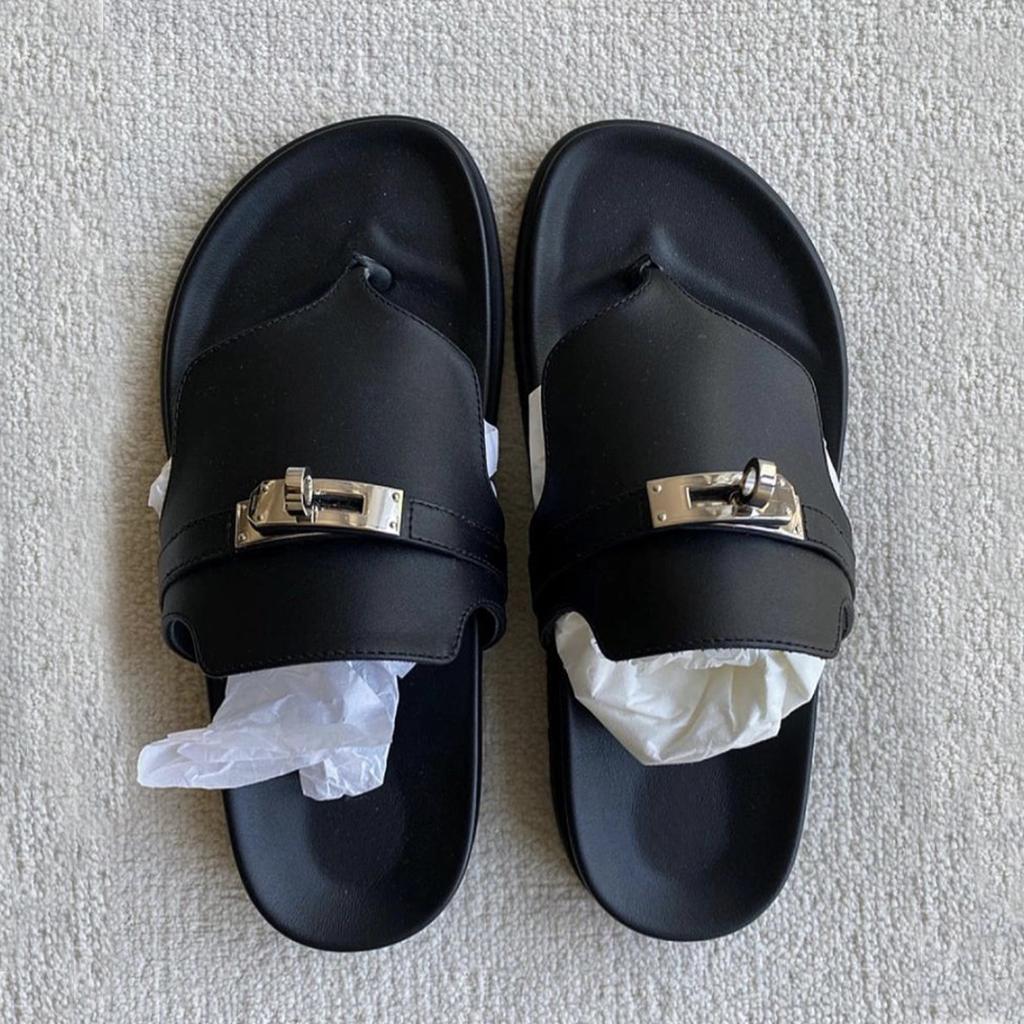 Sheepskin British Small Gold Buckle Leather Thick-soled Flip-flops Women's Summer Outer Wear Pinch Foot Flip-flops Muffin Cool Slippers