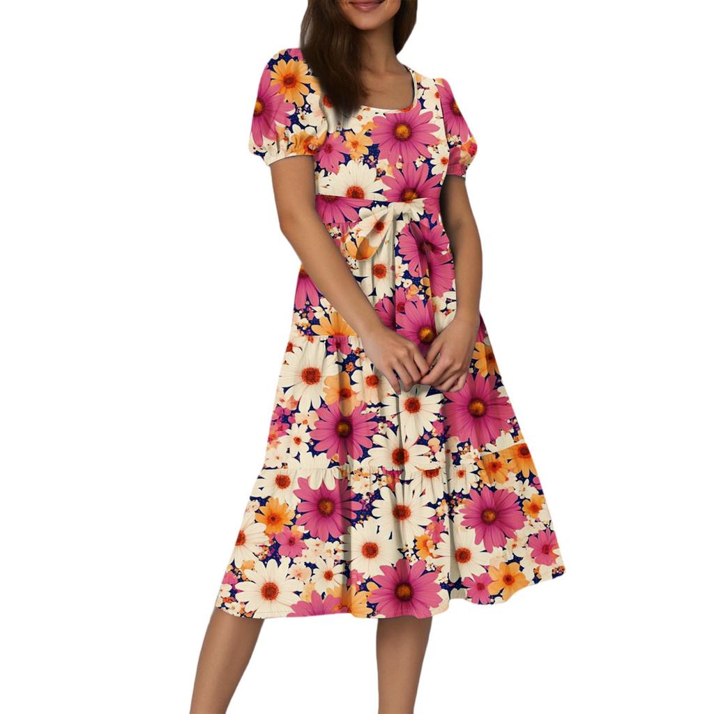 Women's Summer Floral Print Short Sleeves Neck Waistband Bohemian Flowy Maxi Dress With Pockets