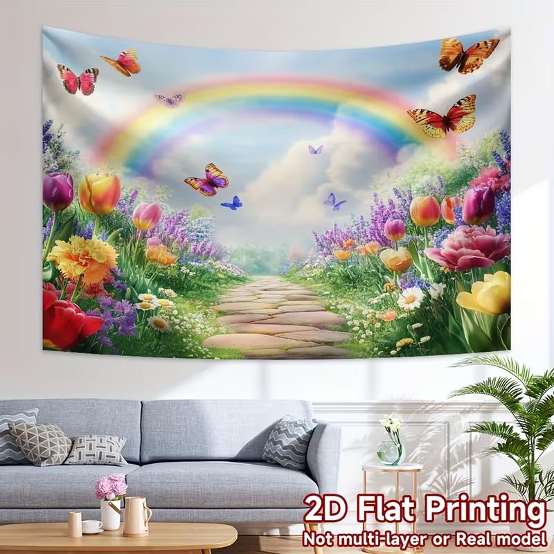 2D Frühlings-Regenbogen-Hintergrund, Bunter Garten mit Tulpen & Schmetterlingen Hintergrund für Outdoor-Themenveranstaltungen