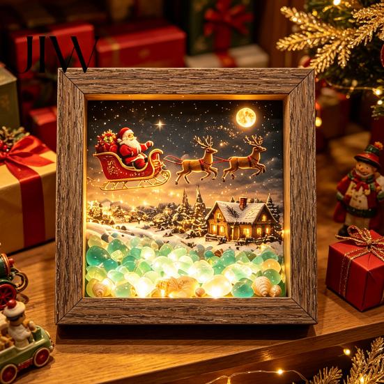 Winter Birthday Present Christmas Snowy Night Light Picture Frame, Vintage Wooden Frame 3D Mini Retro Wood Photo Landscape Lamp, Desktop Atmosphere