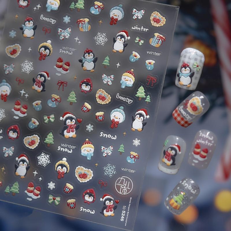 1Sheet Snowflake Penguin Sticker For Nails Cute Crystal Ball Lace Red Hat Star Bow Christmas Tree Nail Art Stickers Decoration