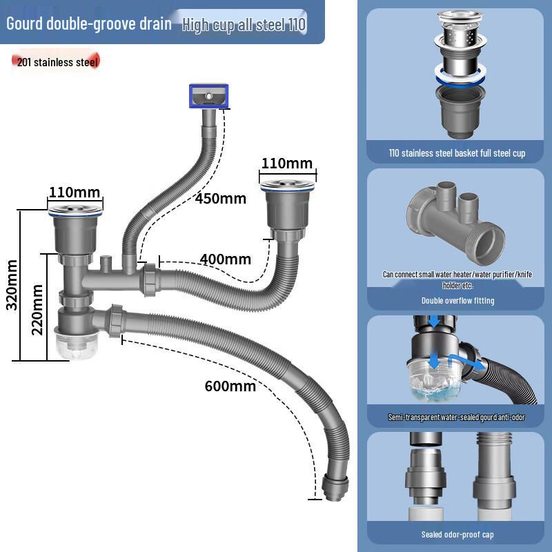 MDNG Double Basin Kitchen Sink Anti-Odor Drain Pipe Kit
