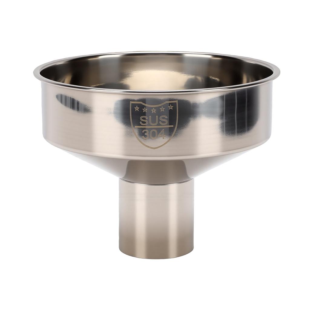 Stainless steel wide mouth hopper for grinding soybeans and oil.