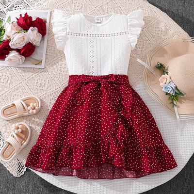 Modisches Outfit für Mädchen - Sommer Kinder Süßes Spitzen-Einfarbiges Rüschen-Kurzarm-Oberteil und Halblanger Rock Zweiteiliges Set