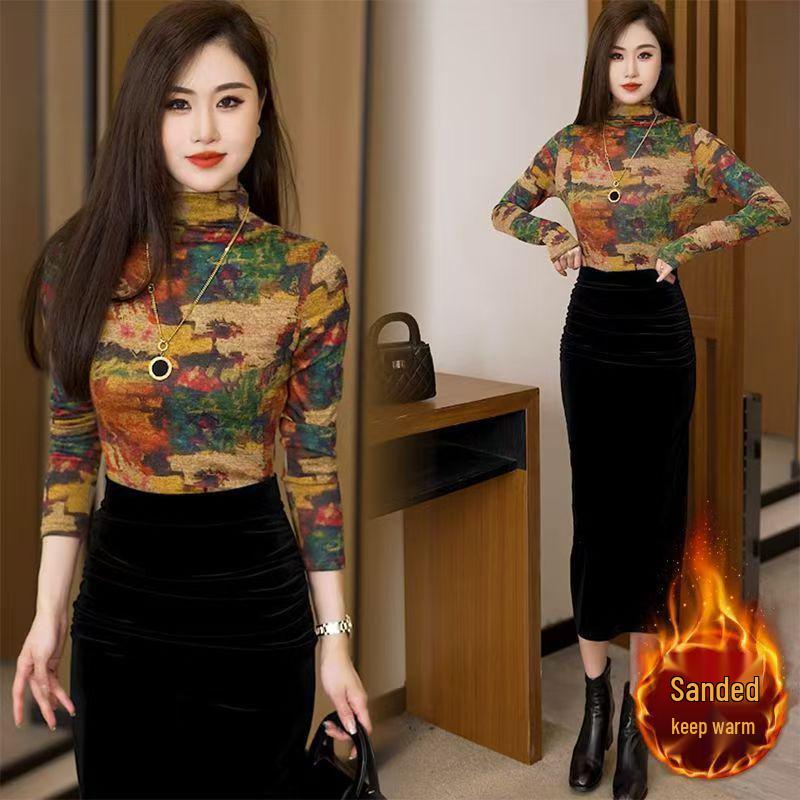 Autumn/Winter Floral Print Long Sleeve Slimming Elegant High Collar Top for Women