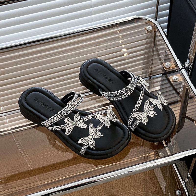 

2025 new slippers female summer wear fairy style with skirt fashion with drill go out flat beach sandals 40 чорний