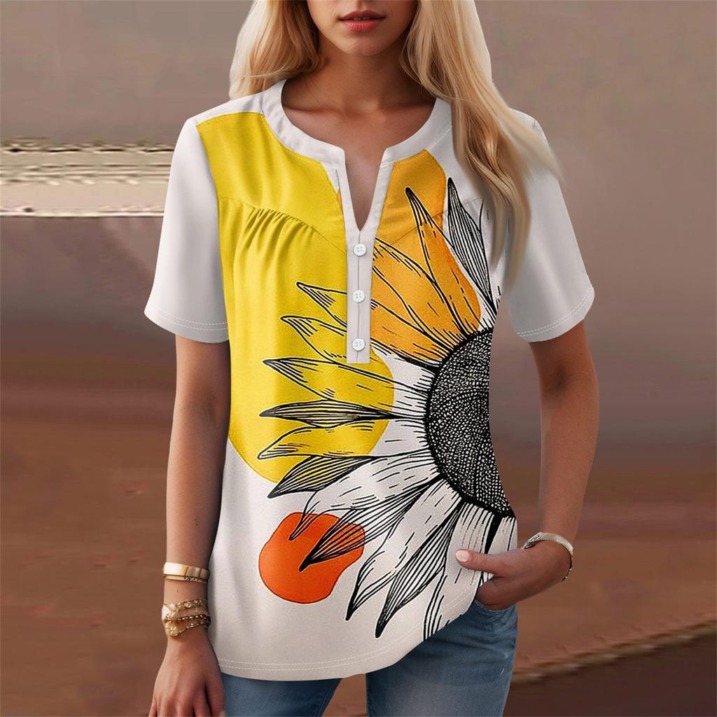 Dámské ležérní tričko s květinovým potiskem, výstřih do V, krátký rukáv, ozdobný knoflík