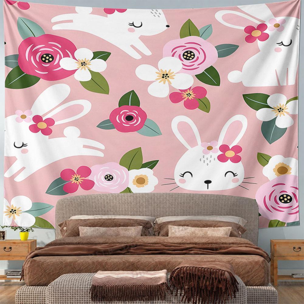 Cute Bunnies with Floral Design Pattern Wall Hanging Tapestry Decorative Tapestry Home Decor for Bedroom and Living Room