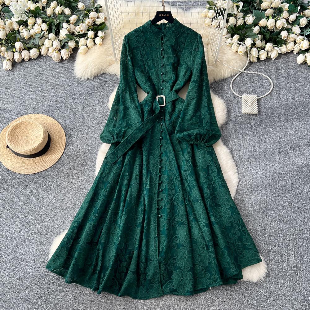 French Elegant Red Flared Sleeve Lace Dress Women's Long Sleeve Waist Slim Fit Light Luxury A-shaped Long Dress Commuter