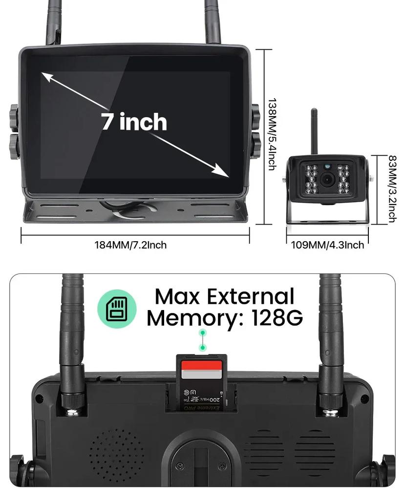 Wireless 7'' AHD Blind Spot Alarm Monitor Touch Screen DVR Record IR Night Vision Backup Camera 4CH For Truck/Bus/Trailer/RV/SUV