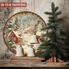 HUIHAY 8 Inch Round Metal Wall Art Red Cabin Snowy Landscape Christmas Winter Decor