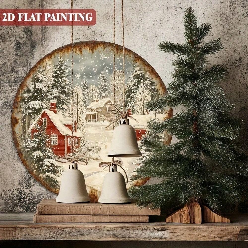 HUIHAY 8 Inch Round Metal Wall Art Red Cabin Snowy Landscape Christmas Winter Decor