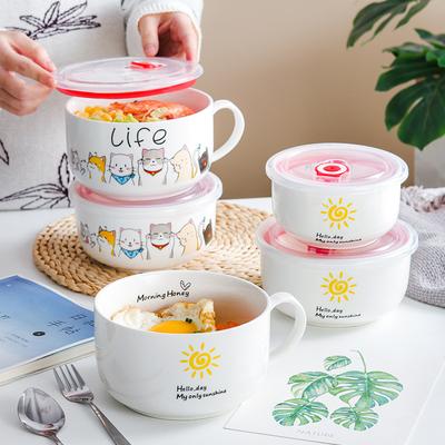 1pc Japanese Cartoon Ceramic Instant Noodle Bowl with Lid for Breakfast Student Dormitory Tableware and Supplies