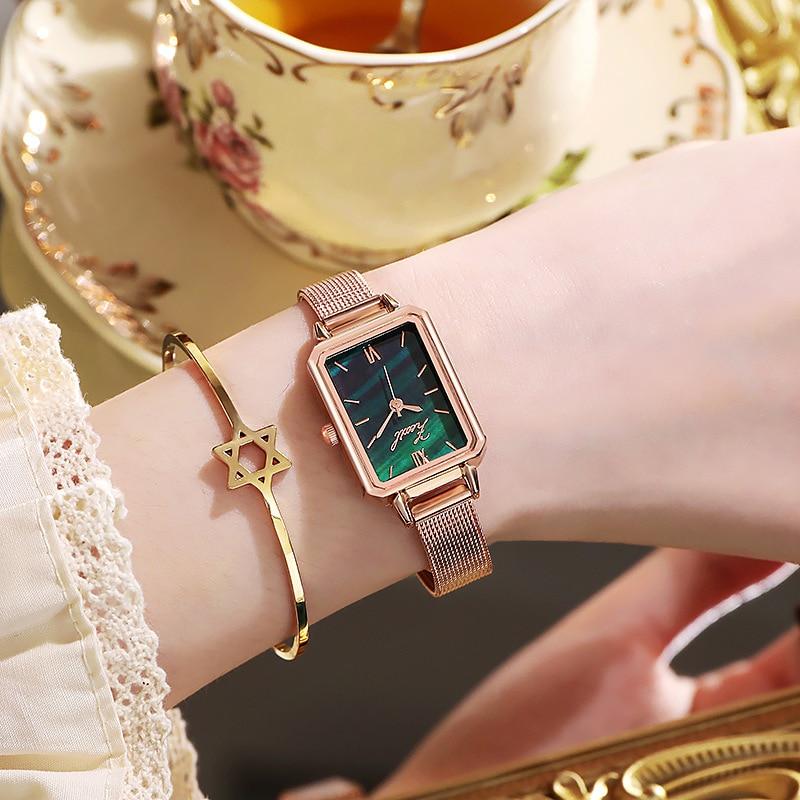Women Watches Fashion Square Ladies Casual Quartz Watch Bracelet Set Green Dial Simple Rose Gold Mesh Watches