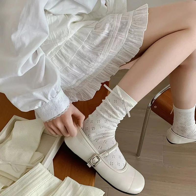 4 Pairs Women Butterfly Bow Net Eye Mid Tube Socks Spring Summer Sweat Absorbing Breathable Sweet Ballet Style Casual Socks