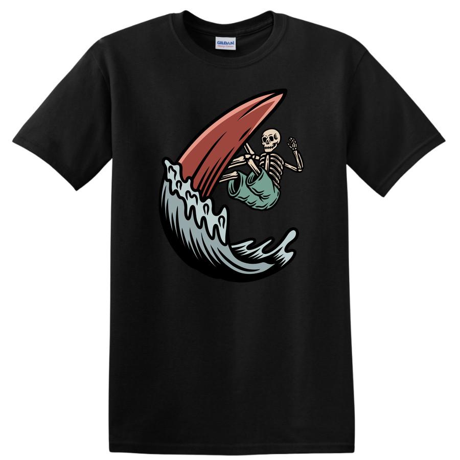 Skeleton Surfing T Shirt Vintage Graphic Surfboard Waves Tee Fun Design