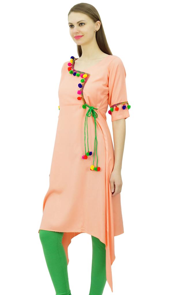 Phagun Angrakha Style Rayon Womens Tunic Kurta Pom-Pom Designer Kurti Top Indian