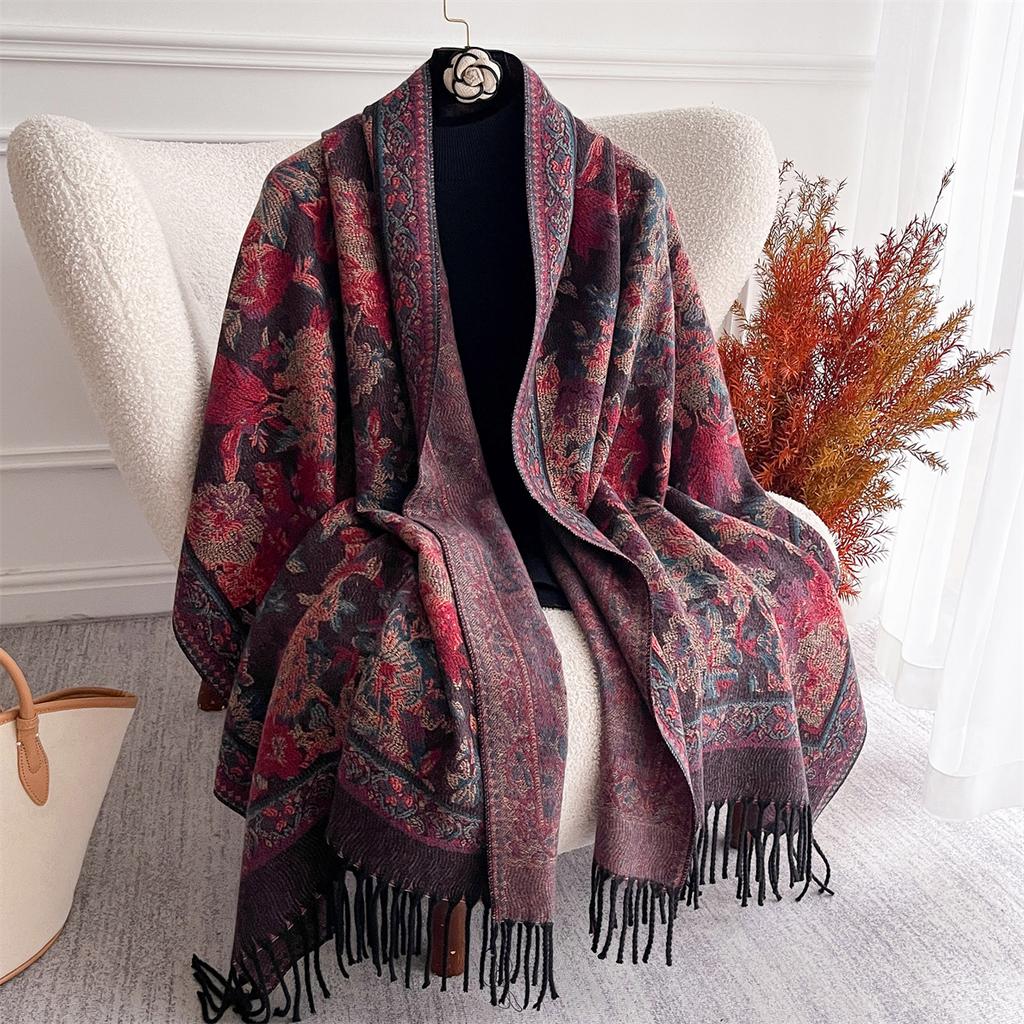 Luxury Cashmere Winter Scarves Embroidery Elegant Poncho Pareo Cape Warm Pashmina Shawl Chunky Headscarf Wrap Lady Turban