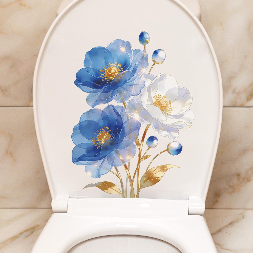 Metallic Blue White Flower Waterproof Self Adhesive Toilet Sticker Bathroom Wall Home Decor