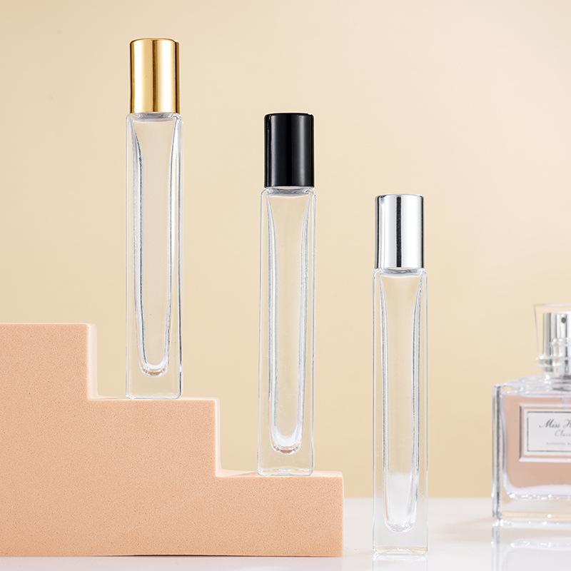 10 ml dicke, klare Glasparfümflasche, quadratisch, rund, nachfüllbar, Parfümspray-Zerstäuberflasche mit schwarz-gold-silbernem Deckel
