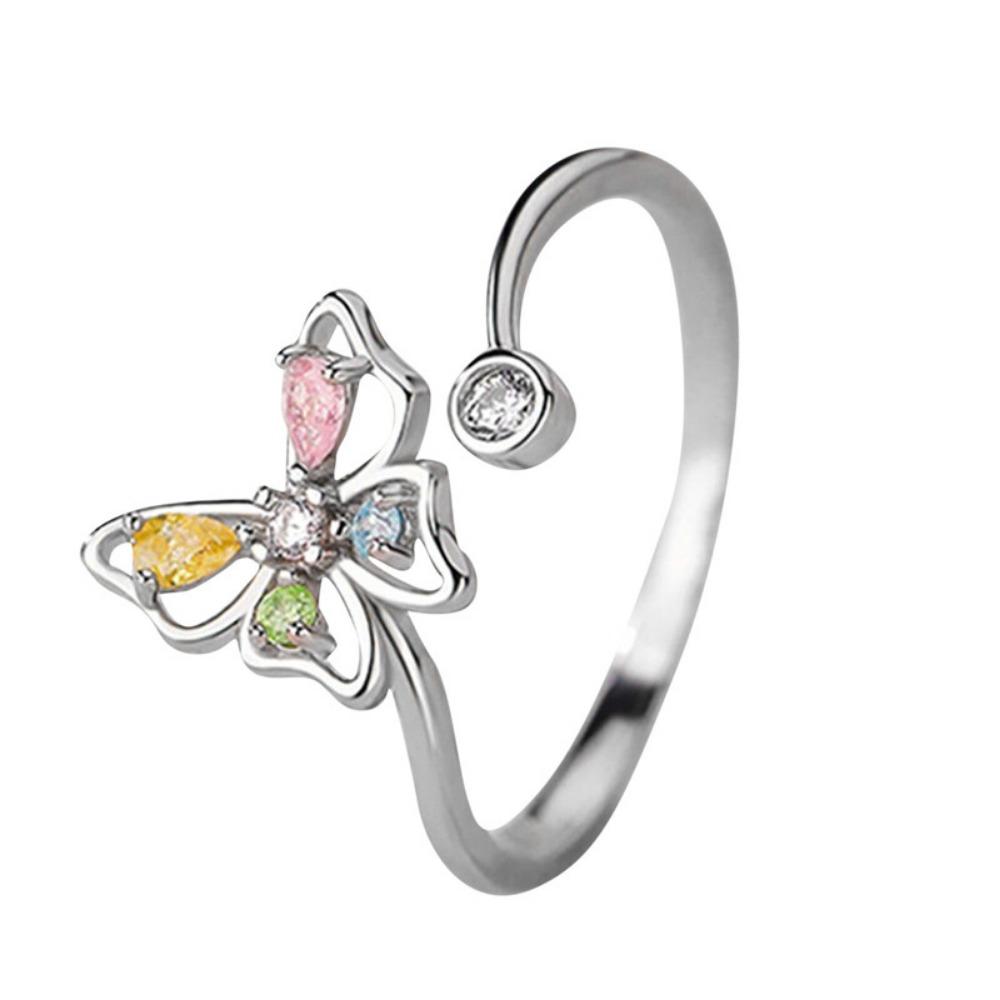 Fashion Adjustable Open Acrylic Crystal Butterfly Ring For Women Silver Color Zircon Finger Ring Party Jewelry