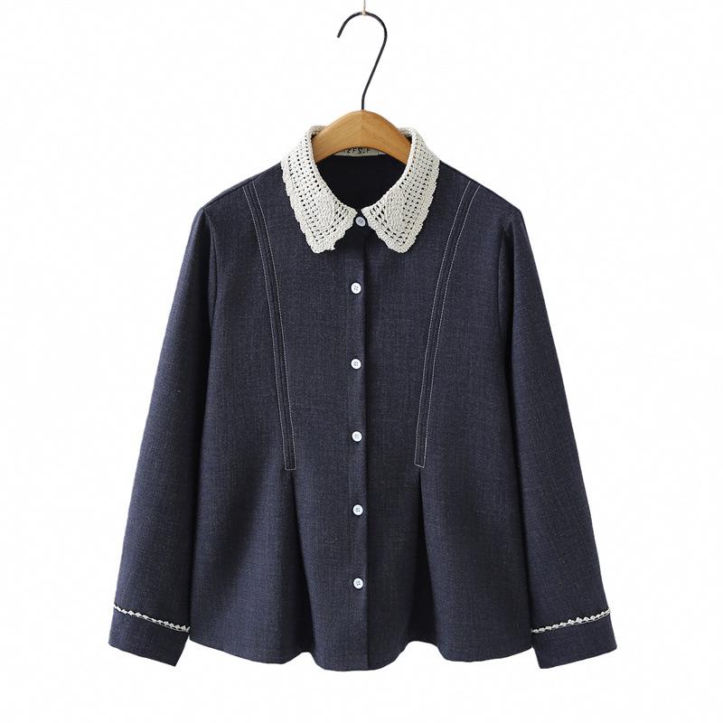 

2026 Spring/Autumn Plus Size Women s Lace Collar Blouse Cardigan Long Sleeve Slimming Jacket 353 4XL темно-синий