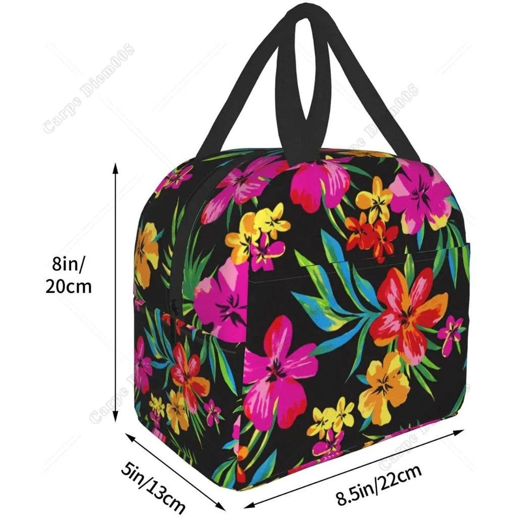 Hawaiian Pattern Flower Portable Lunch Bag Insulated Cooler Tote Box for Travel Picnic Work One Size for Men Women