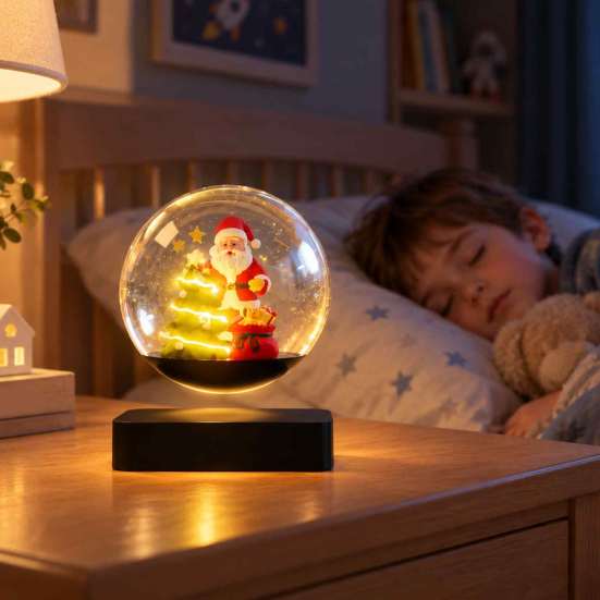 Modern Holiday Ornament for Tables Magnetic Levitating Santa Claus Tree with LED Light, Lighted Rotating Floating Christmas Glass Ball Tabletop Office