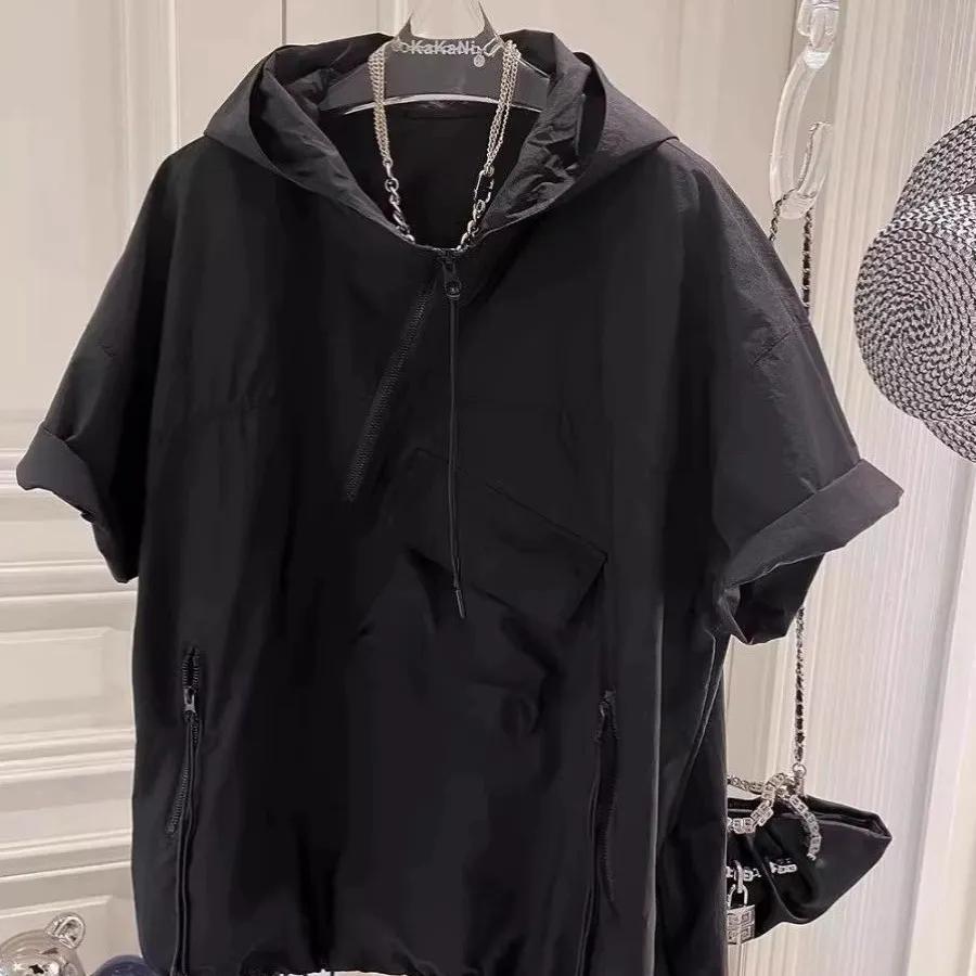 

Men s Summer Irregular Hooded Short-sleeved Sun Shirt Loose Thin Section Personalized Pullover T-shirt XS чорний