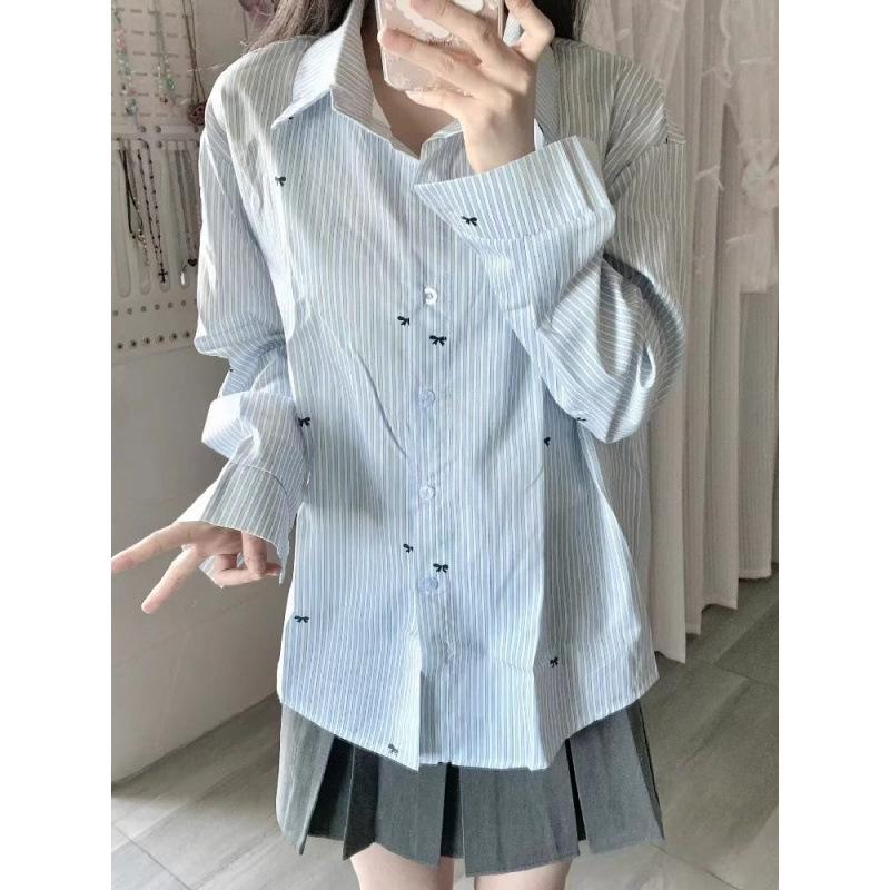 Women's Summer 2026 Bow Print Long Sleeve Light Blue Striped Sun Protection Shirt