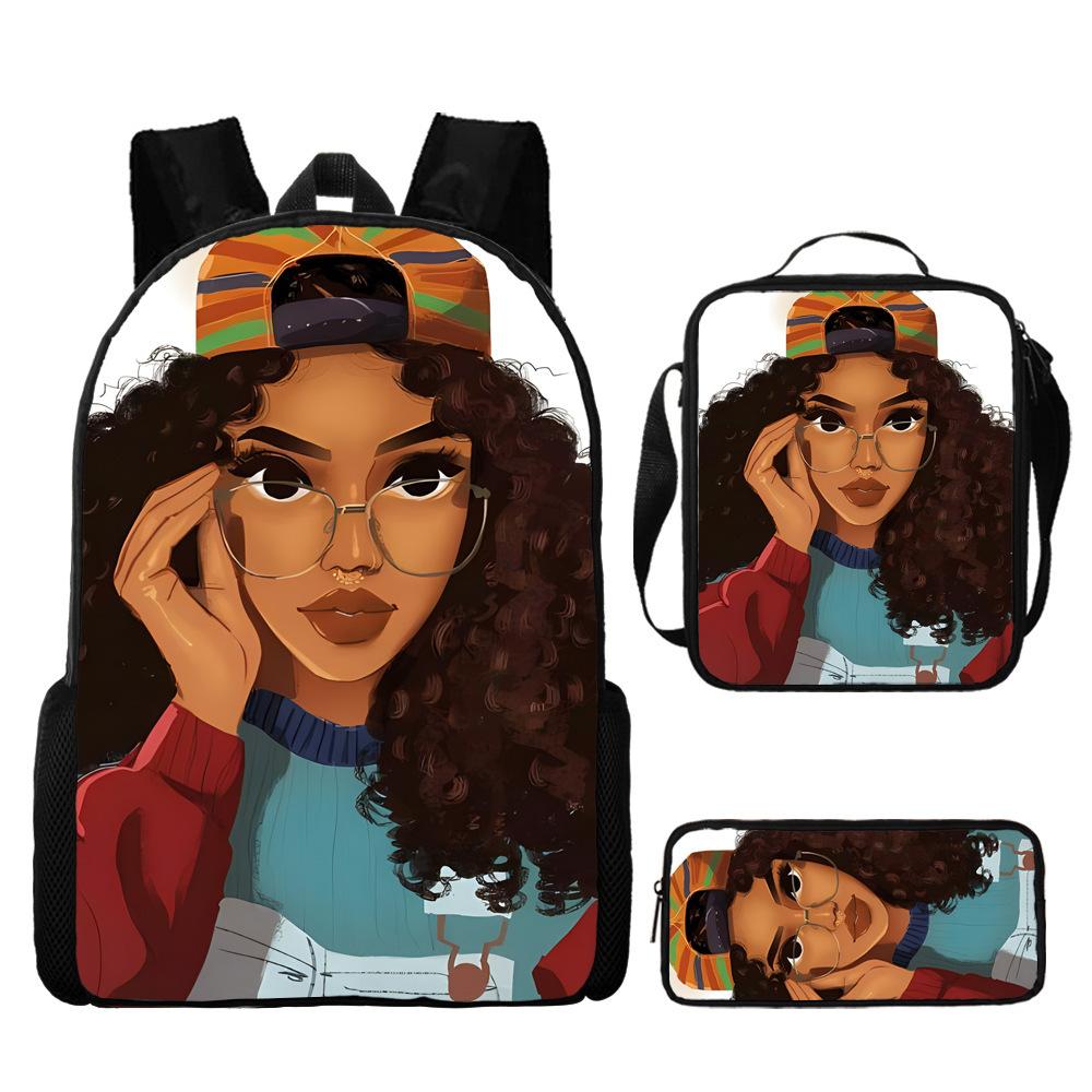 Cartoon African Girl Schoolbag, Primary And Secondary School Backpack, Backpack Three-Piece Set