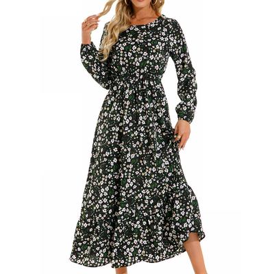 Autumn Round Collar Floral Printed Elegant Slim Long Dress Vintage Bohemian Women's Ruffles Chiffon Dresses