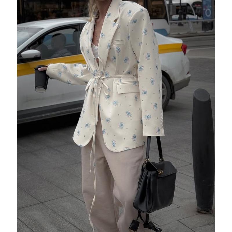 Dámské sako s potiskem, klopami a vázáním v pase, volný kabát s dlouhým rukávem, tenký, jaro a léto 2025
