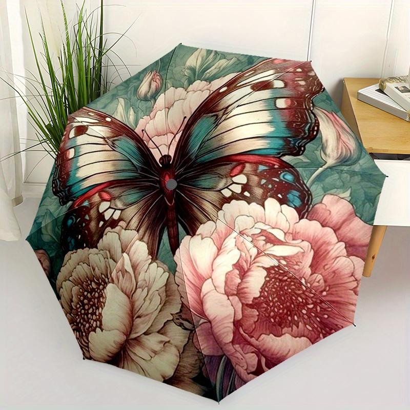 

Auto-Folding Umbrella with Windproof - Automatic Open/Close, Heavy-Duty 8-Rib Construction, Elegant Floral & Butterfly pattern (as the picture,iron&8K)