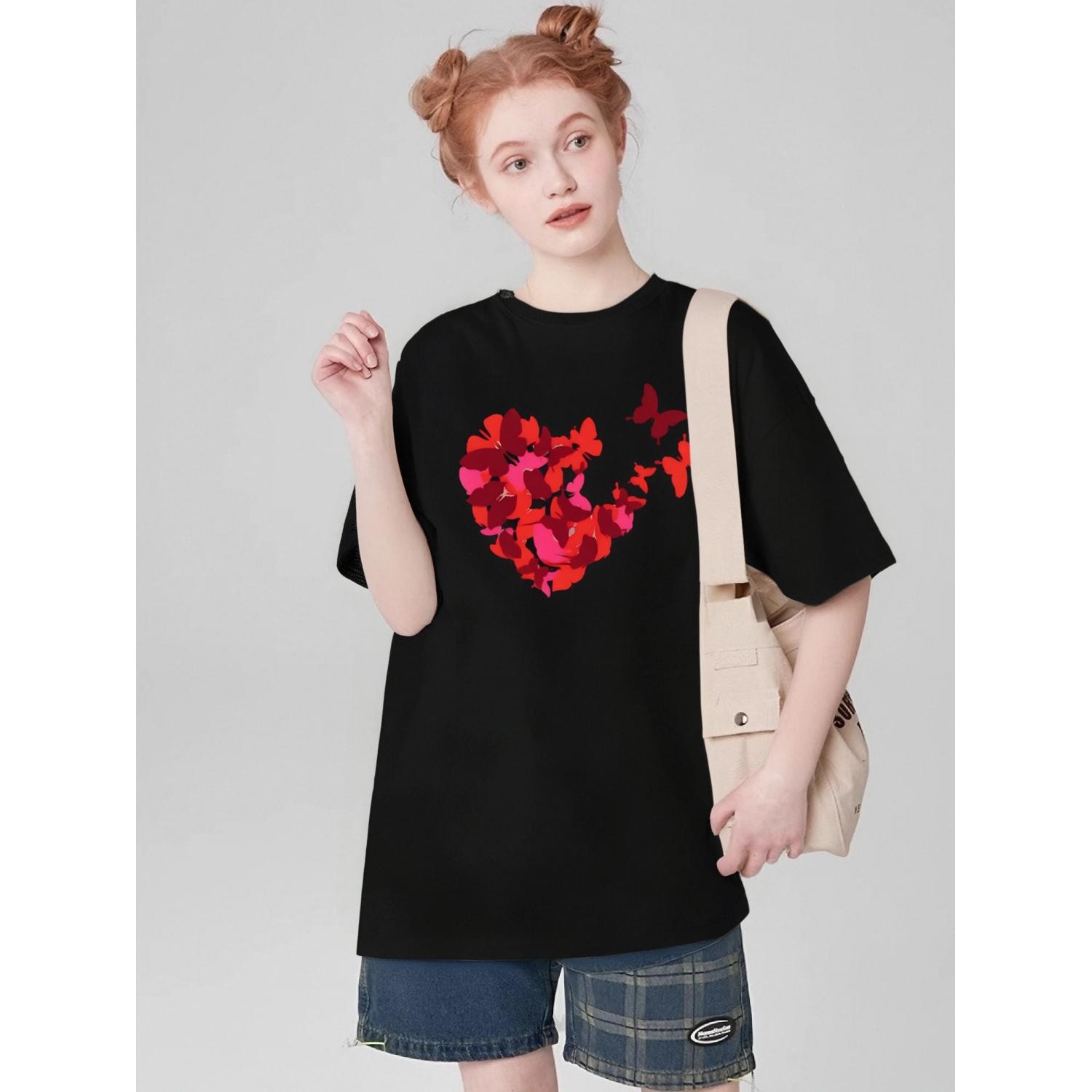 

Red butterfly heart print short-sleeved T-shirt casual and simple style suitable for women s daily wear and going out in summer S чёрный