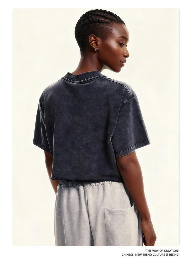 Women's Washed Vintage Cropped T-shirt: Heavyweight 230g Pure Cotton, Retro Loose Fit, Short Sleeve Waist-Length Top