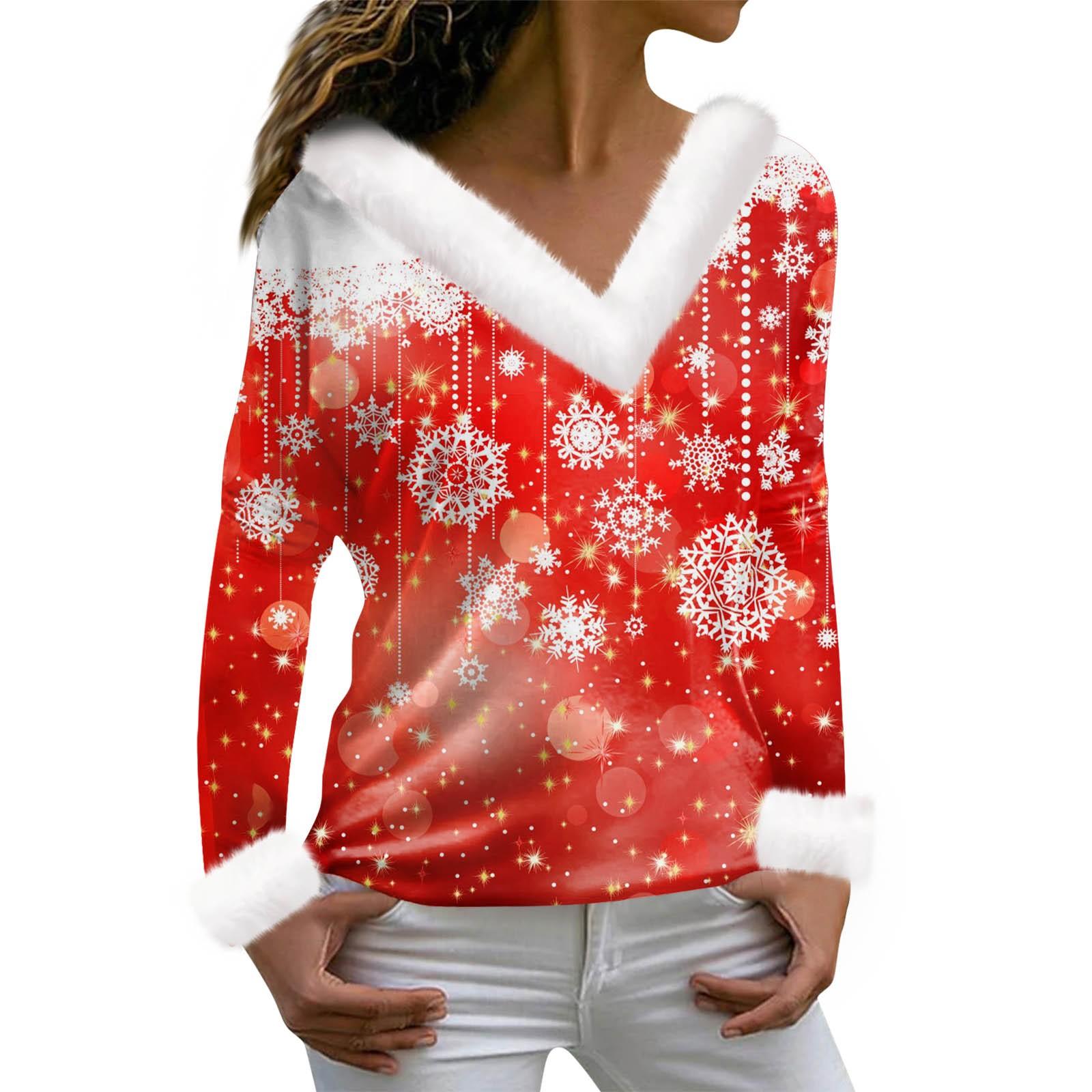 

Женская футболка с рождественским принтом, футболка с длинным рукавом, флисовый воротник, топ с V-образным вырезом L