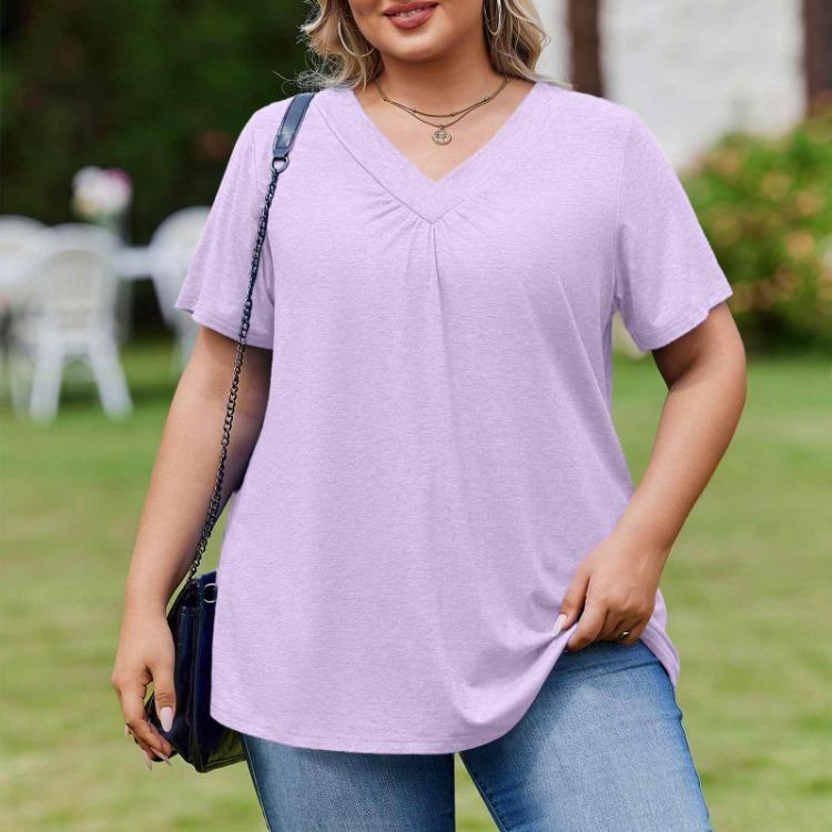 Women's Tunics - Women's Plus Size V Neck Short Sleeve Loose Fit Pleated Front Casual Tunic Top Basic Blouse for Daily Wear