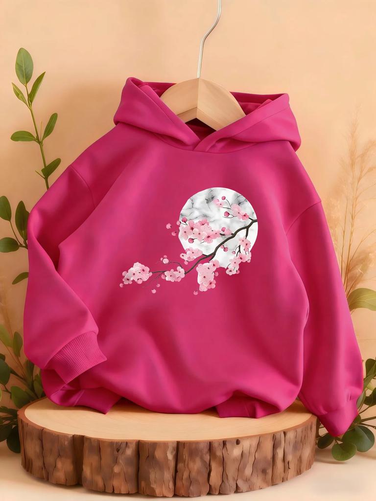 New Autumn/winter Children's Sports Hooded Sweatshirt with Japanese Cherry Blossom Pattern, Warm, Casual, Sporty, and Stylish.